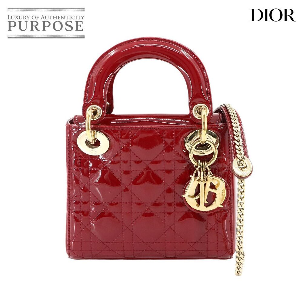 Christian Dior Cannage Lady Hand Chain Shoulder Bag Red Patent Vernis Leather